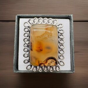 Montana Agate Rectangle Silver Plated Filigree Statement Ring Size 9